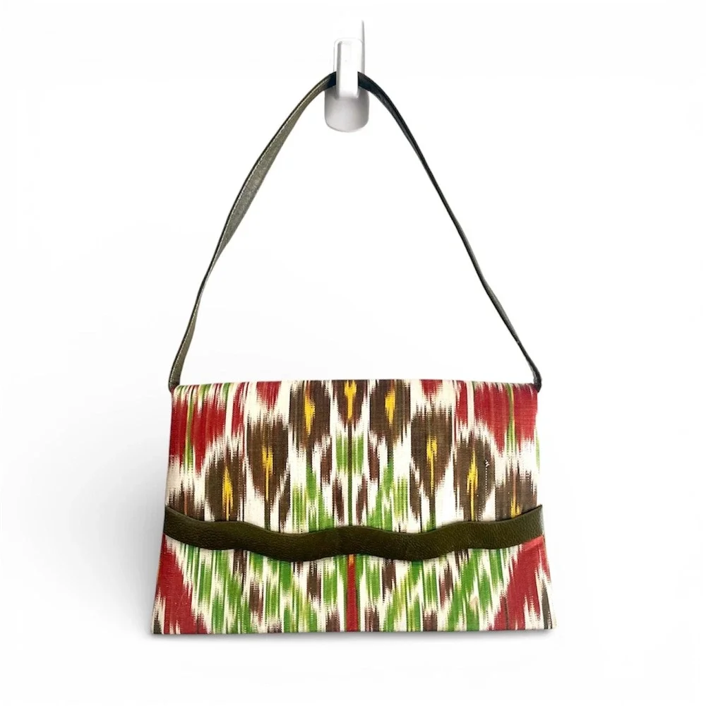 Vintage Ikat Woven Shoulder Bag Multi Color Pattern with Olive Leather Trim